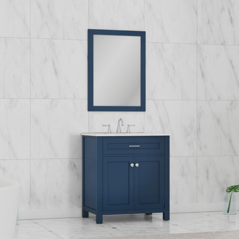 Alya Bath Norwalk 30" Single Blue Freestanding  Bathroom Vanity With Carrara Marble Top, Ceramic Sink and Wall Mounted Mirror - HE-101-30-B-CWMT + HE-101/102-30-B-M - Backyard Provider