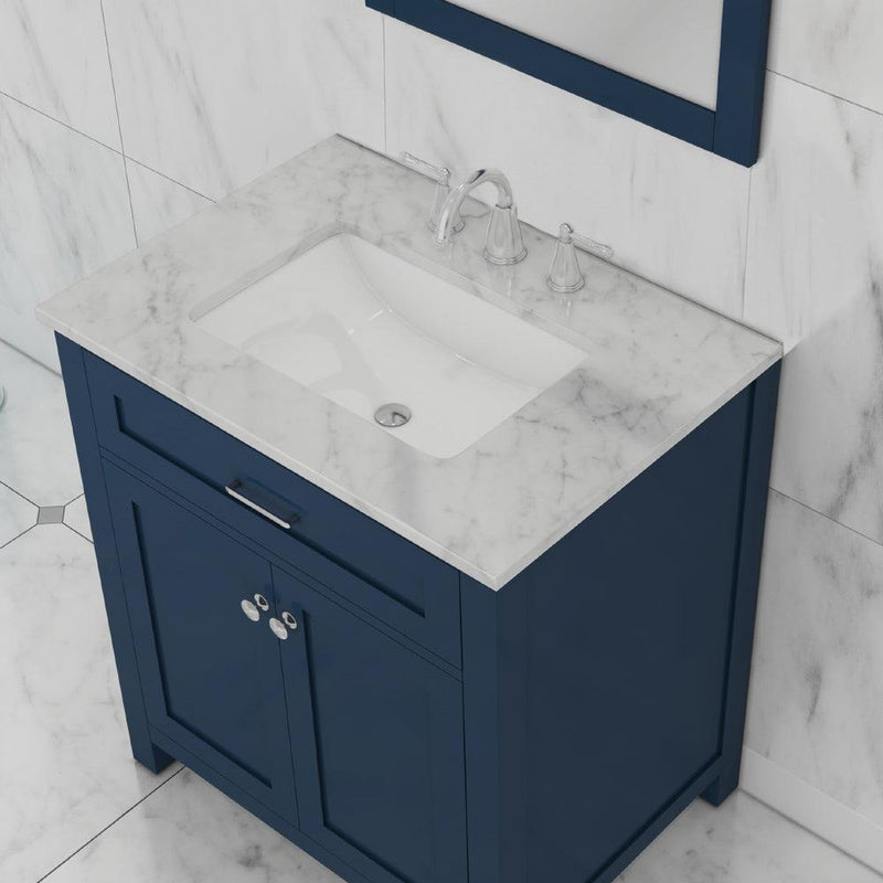 Alya Bath Norwalk 30" Single Blue Freestanding  Bathroom Vanity With Carrara Marble Top, Ceramic Sink and Wall Mounted Mirror - HE-101-30-B-CWMT + HE-101/102-30-B-M - Backyard Provider