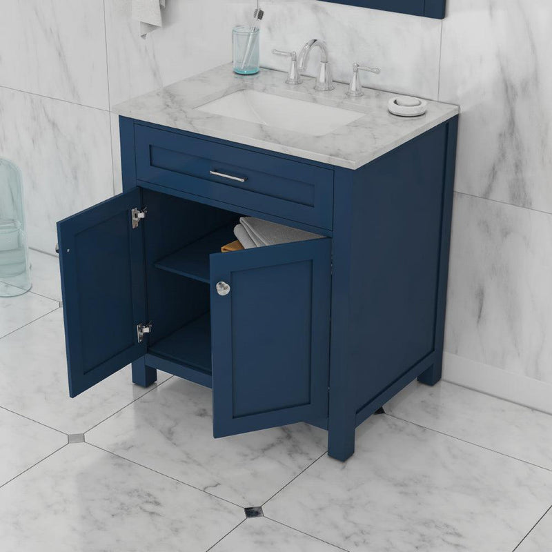 Alya Bath Norwalk 30" Single Blue Freestanding  Bathroom Vanity With Carrara Marble Top, Ceramic Sink and Wall Mounted Mirror - HE-101-30-B-CWMT + HE-101/102-30-B-M - Backyard Provider