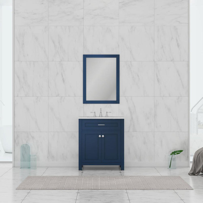 Alya Bath Norwalk 30" Single Blue Freestanding  Bathroom Vanity With Carrara Marble Top, Ceramic Sink and Wall Mounted Mirror - HE-101-30-B-CWMT + HE-101/102-30-B-M - Backyard Provider