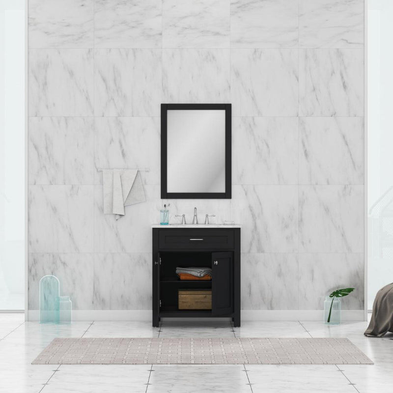 Alya Bath Norwalk 30" Single Espresso Freestanding Bathroom Vanity With Carrara Marble Top, Ceramic Sink and Wall Mounted Mirror - HE-101-30-E-CWMT + HE-101/102-30-E-M - Backyard Provider