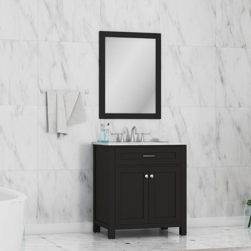 Alya Bath Norwalk 30" Single Espresso Freestanding Bathroom Vanity With Carrara Marble Top, Ceramic Sink and Wall Mounted Mirror - HE-101-30-E-CWMT + HE-101/102-30-E-M - Backyard Provider