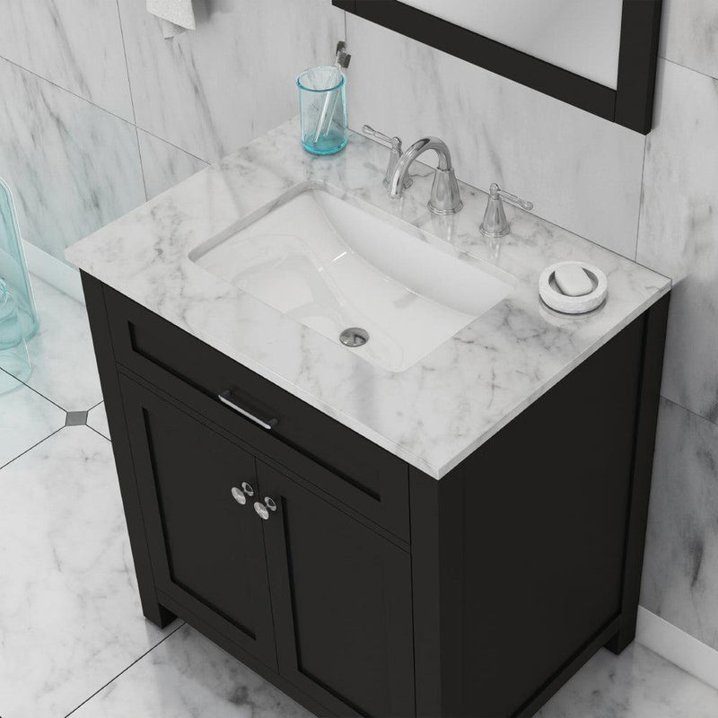 Alya Bath Norwalk 30" Single Espresso Freestanding Bathroom Vanity With Carrara Marble Top, Ceramic Sink and Wall Mounted Mirror - HE-101-30-E-CWMT + HE-101/102-30-E-M - Backyard Provider