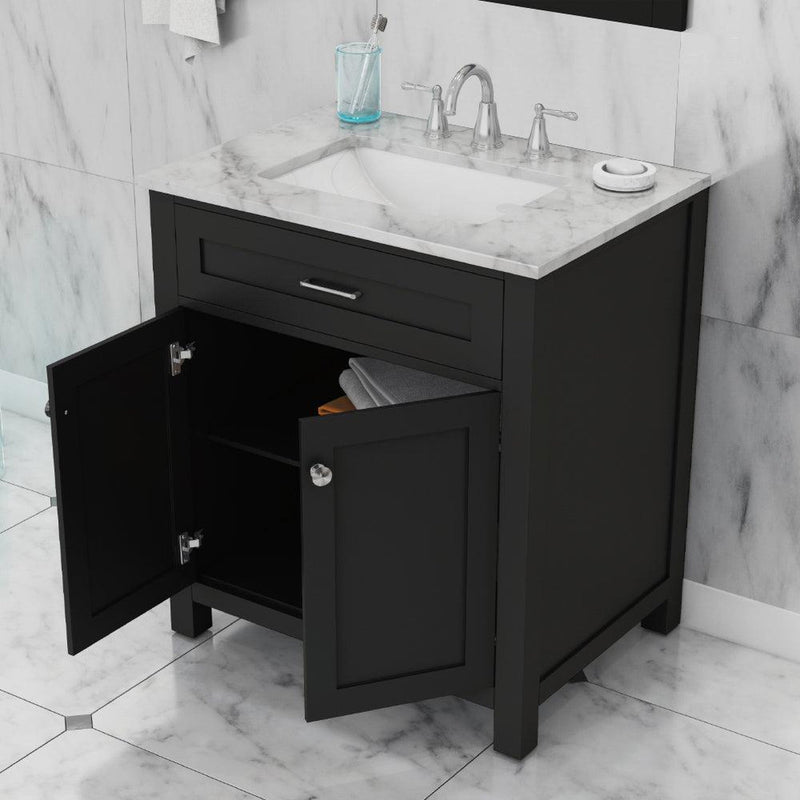 Alya Bath Norwalk 30" Single Espresso Freestanding Bathroom Vanity With Carrara Marble Top, Ceramic Sink and Wall Mounted Mirror - HE-101-30-E-CWMT + HE-101/102-30-E-M - Backyard Provider