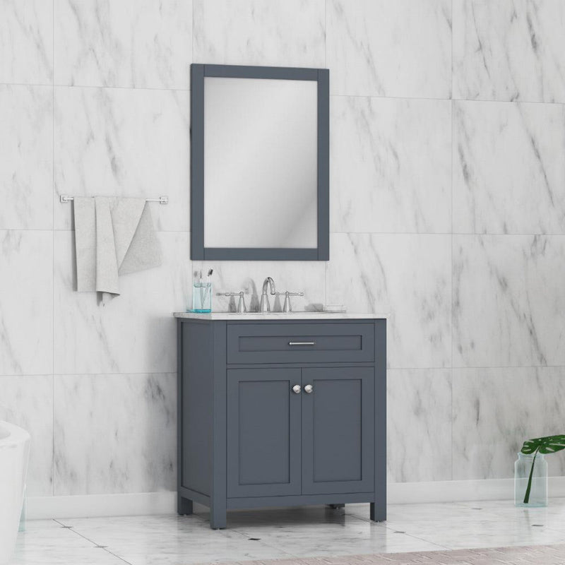 Alya Bath Norwalk 30" Single Gray Freestanding  Bathroom Vanity With Carrara Marble Top, Ceramic Sink and Wall Mounted Mirror - HE-101-30-G-CWMT + HE-101/102-30-G-M - Backyard Provider