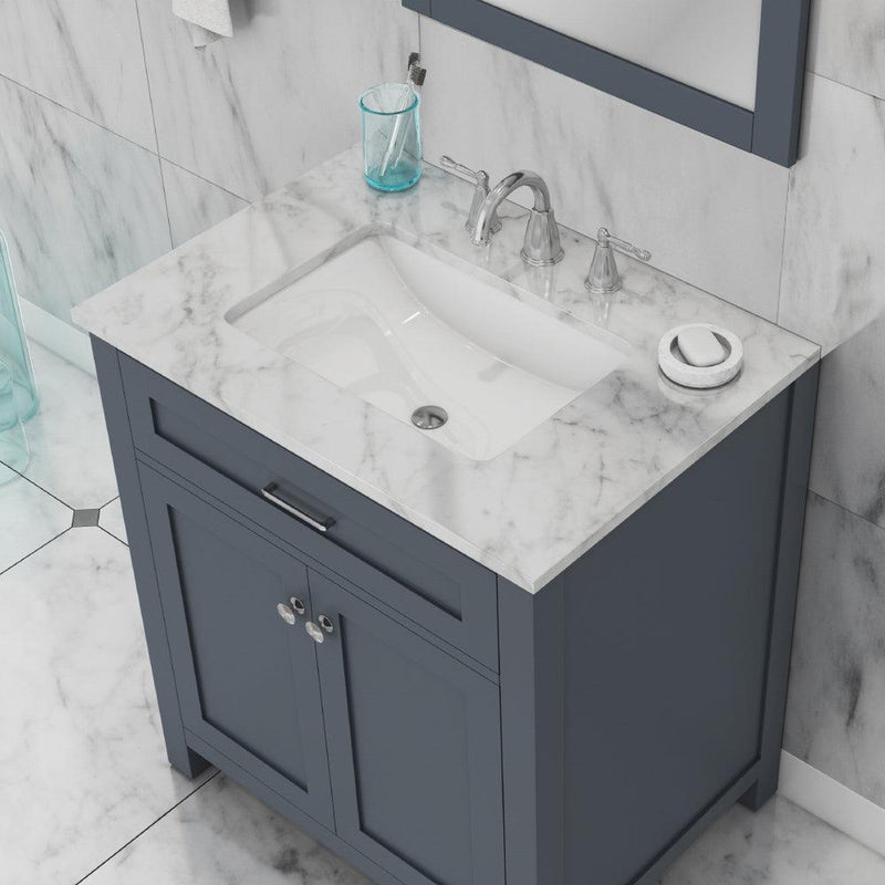 Alya Bath Norwalk 30" Single Gray Freestanding  Bathroom Vanity With Carrara Marble Top, Ceramic Sink and Wall Mounted Mirror - HE-101-30-G-CWMT + HE-101/102-30-G-M - Backyard Provider