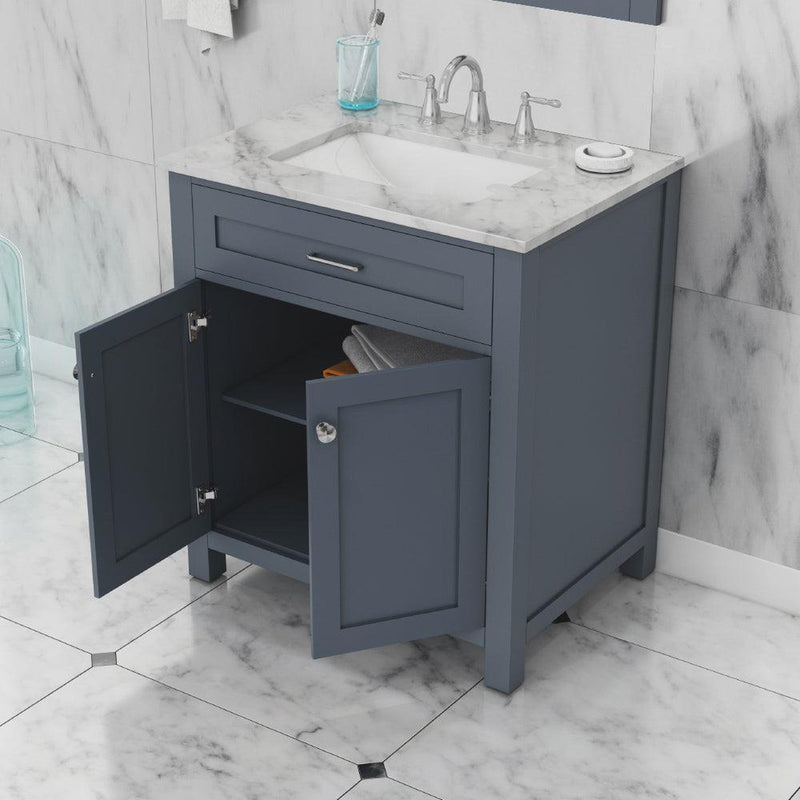 Alya Bath Norwalk 30" Single Gray Freestanding  Bathroom Vanity With Carrara Marble Top, Ceramic Sink and Wall Mounted Mirror - HE-101-30-G-CWMT + HE-101/102-30-G-M - Backyard Provider