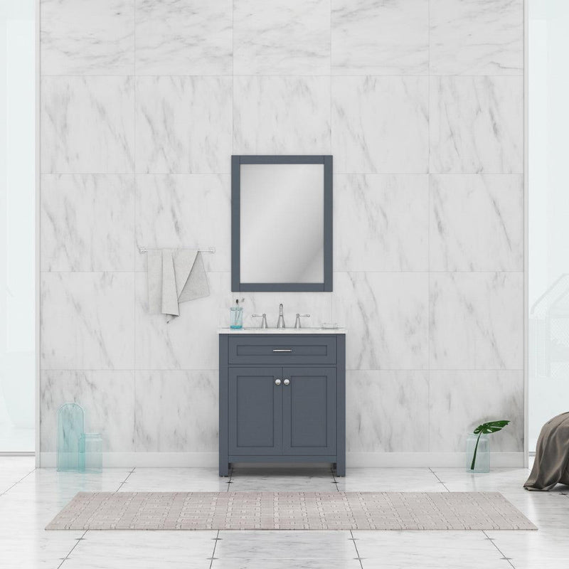 Alya Bath Norwalk 30" Single Gray Freestanding  Bathroom Vanity With Carrara Marble Top, Ceramic Sink and Wall Mounted Mirror - HE-101-30-G-CWMT + HE-101/102-30-G-M - Backyard Provider