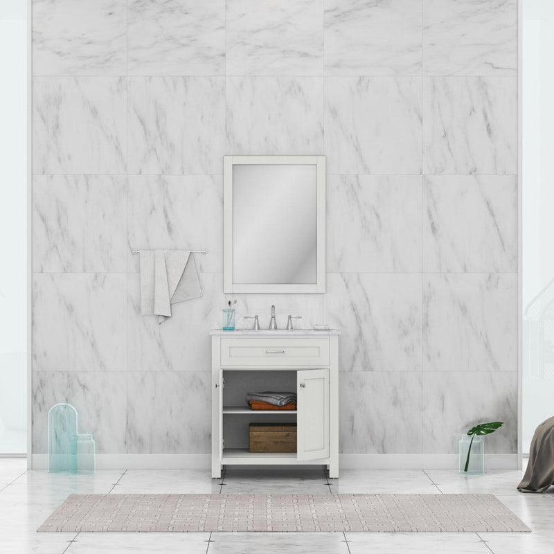 Alya Bath Norwalk 30" Single White Freestanding  Bathroom Vanity With Carrara Marble Top, Ceramic Sink and Wall Mounted Mirror - HE-101-30-W-CWMT + HE-101/102-30-W-M - Backyard Provider