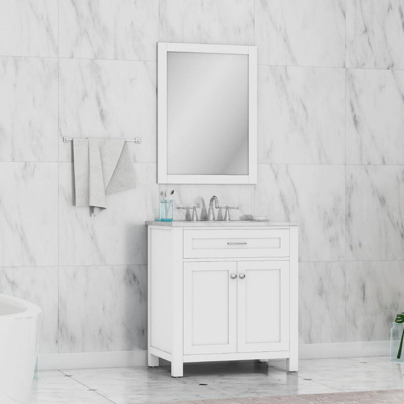 Alya Bath Norwalk 30" Single White Freestanding  Bathroom Vanity With Carrara Marble Top, Ceramic Sink and Wall Mounted Mirror - HE-101-30-W-CWMT + HE-101/102-30-W-M - Backyard Provider