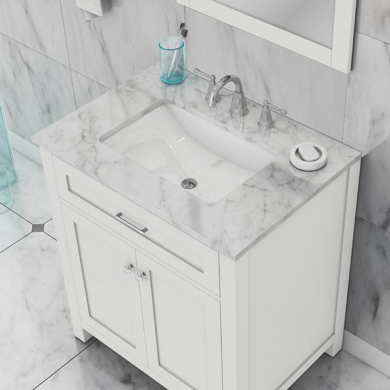 Alya Bath Norwalk 30" Single White Freestanding  Bathroom Vanity With Carrara Marble Top, Ceramic Sink and Wall Mounted Mirror - HE-101-30-W-CWMT + HE-101/102-30-W-M - Backyard Provider