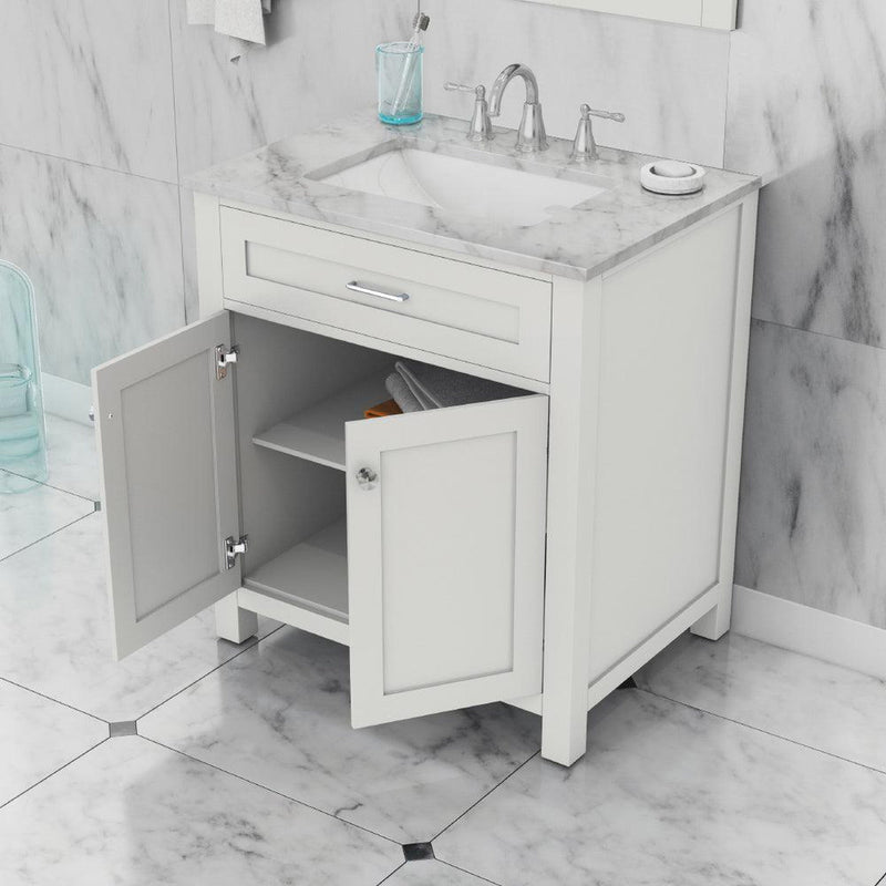 Alya Bath Norwalk 30" Single White Freestanding  Bathroom Vanity With Carrara Marble Top, Ceramic Sink and Wall Mounted Mirror - HE-101-30-W-CWMT + HE-101/102-30-W-M - Backyard Provider