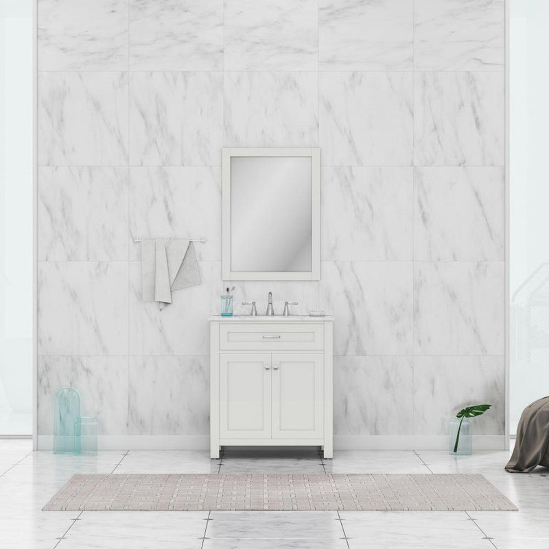 Alya Bath Norwalk 30" Single White Freestanding  Bathroom Vanity With Carrara Marble Top, Ceramic Sink and Wall Mounted Mirror - HE-101-30-W-CWMT + HE-101/102-30-W-M - Backyard Provider