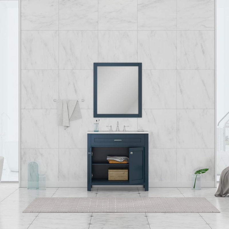 Alya Bath Norwalk 36" Single Blue Freestanding  Bathroom Vanity With Carrara Marble Top, Ceramic Sink and Wall Mounted Mirror - HE-101-36-B-CWMT + HE-101/102-36-B-M - Backyard Provider