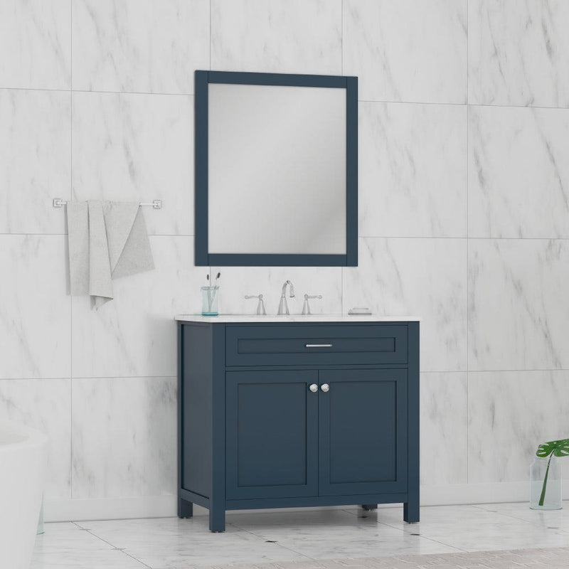 Alya Bath Norwalk 36" Single Blue Freestanding  Bathroom Vanity With Carrara Marble Top, Ceramic Sink and Wall Mounted Mirror - HE-101-36-B-CWMT + HE-101/102-36-B-M - Backyard Provider