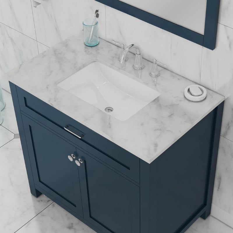 Alya Bath Norwalk 36" Single Blue Freestanding  Bathroom Vanity With Carrara Marble Top, Ceramic Sink and Wall Mounted Mirror - HE-101-36-B-CWMT + HE-101/102-36-B-M - Backyard Provider