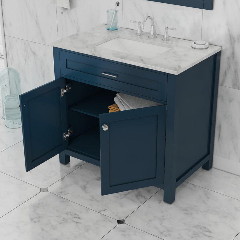 Alya Bath Norwalk 36" Single Blue Freestanding  Bathroom Vanity With Carrara Marble Top, Ceramic Sink and Wall Mounted Mirror - HE-101-36-B-CWMT + HE-101/102-36-B-M - Backyard Provider