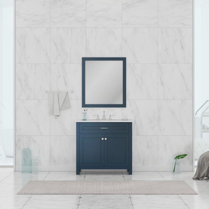 Alya Bath Norwalk 36" Single Blue Freestanding  Bathroom Vanity With Carrara Marble Top, Ceramic Sink and Wall Mounted Mirror - HE-101-36-B-CWMT + HE-101/102-36-B-M - Backyard Provider