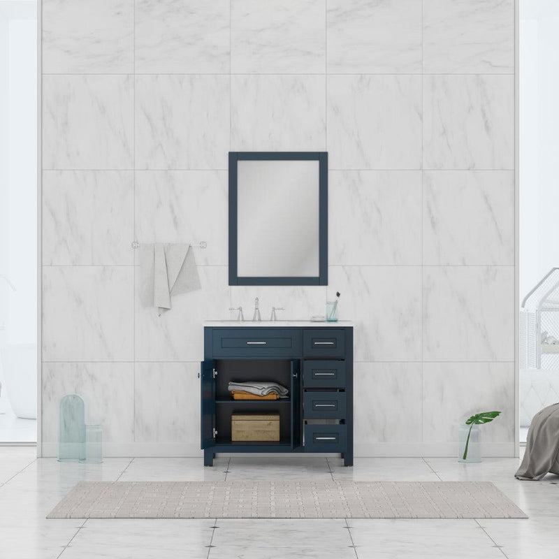 Alya Bath Norwalk 36" Single Blue Freestanding Single Bathroom Vanity With Drawers, Carrara Marble Top and Ceramic Sink and Wall Mounted Mirror - HE-101-36-DR-B-CWMT + HE-101/102-36-B-M - Backyard Provider