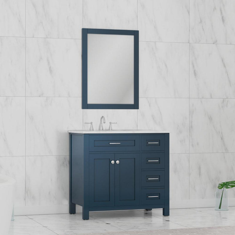 Alya Bath Norwalk 36" Single Blue Freestanding Single Bathroom Vanity With Drawers, Carrara Marble Top and Ceramic Sink and Wall Mounted Mirror - HE-101-36-DR-B-CWMT + HE-101/102-36-B-M - Backyard Provider