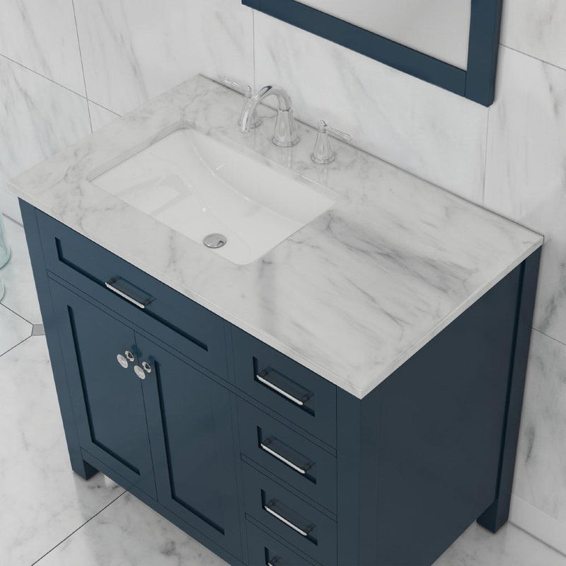 Alya Bath Norwalk 36" Single Blue Freestanding Single Bathroom Vanity With Drawers, Carrara Marble Top and Ceramic Sink and Wall Mounted Mirror - HE-101-36-DR-B-CWMT + HE-101/102-36-B-M - Backyard Provider