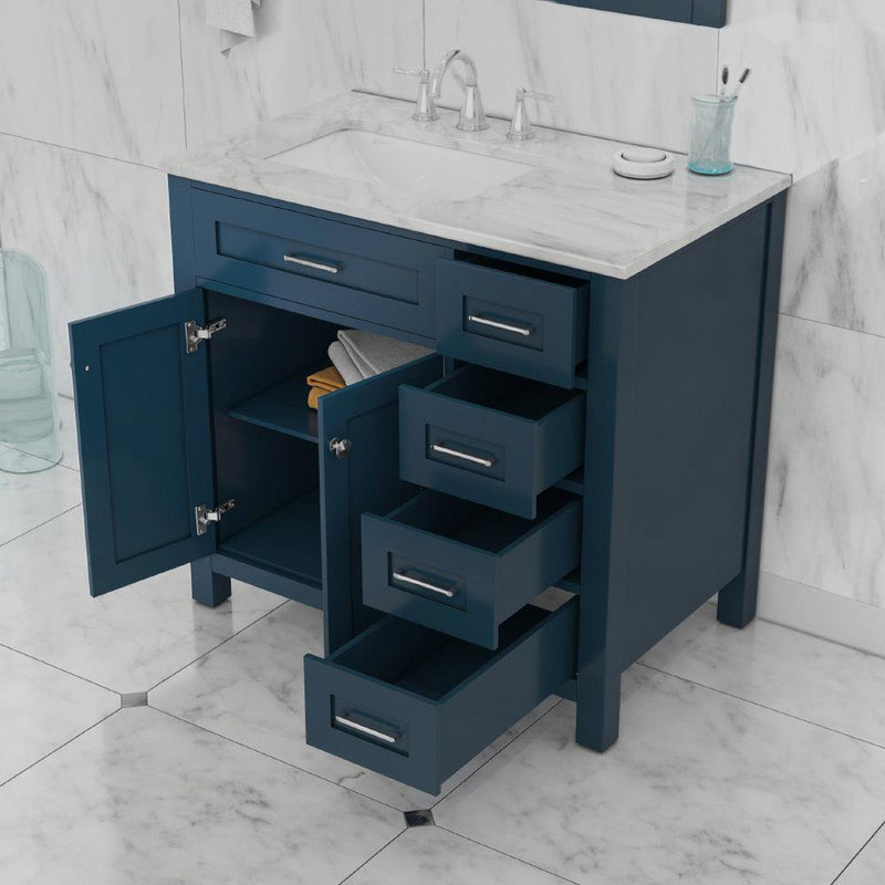 Alya Bath Norwalk 36" Single Blue Freestanding Single Bathroom Vanity With Drawers, Carrara Marble Top and Ceramic Sink and Wall Mounted Mirror - HE-101-36-DR-B-CWMT + HE-101/102-36-B-M - Backyard Provider