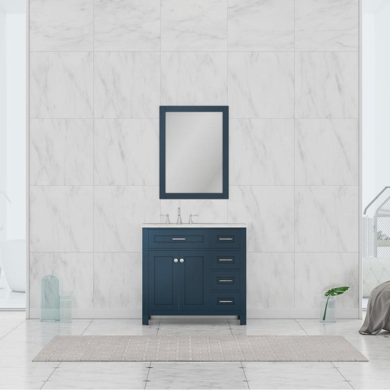 Alya Bath Norwalk 36" Single Blue Freestanding Single Bathroom Vanity With Drawers, Carrara Marble Top and Ceramic Sink and Wall Mounted Mirror - HE-101-36-DR-B-CWMT + HE-101/102-36-B-M - Backyard Provider