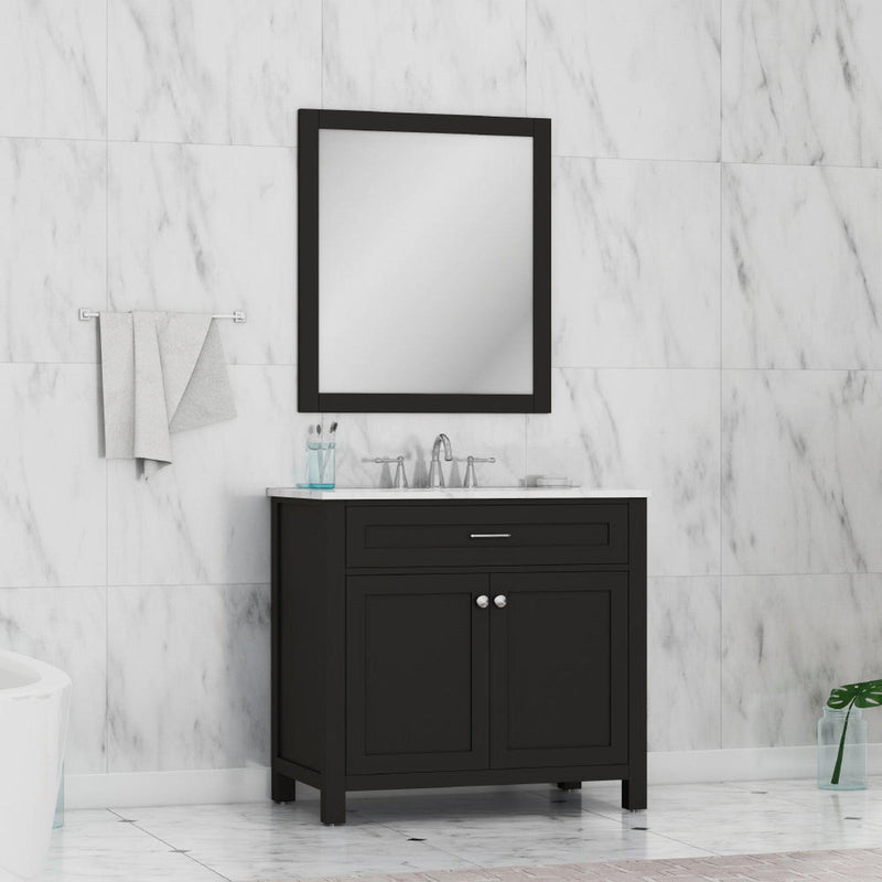 Alya Bath Norwalk 36" Single Espresso Freestanding  Bathroom Vanity With Carrara Marble Top, Ceramic Sink and Wall Mounted Mirror - HE-101-36-E-CWMT + HE-101/102-36-G-M - Backyard Provider