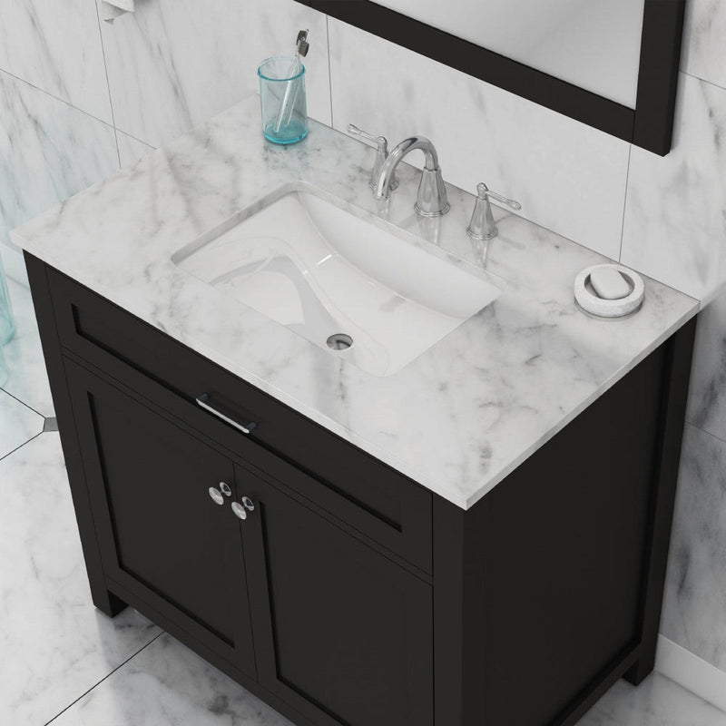 Alya Bath Norwalk 36" Single Espresso Freestanding  Bathroom Vanity With Carrara Marble Top, Ceramic Sink and Wall Mounted Mirror - HE-101-36-E-CWMT + HE-101/102-36-G-M - Backyard Provider