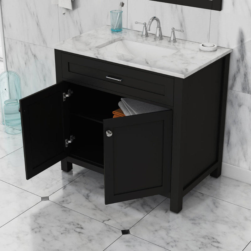 Alya Bath Norwalk 36" Single Espresso Freestanding  Bathroom Vanity With Carrara Marble Top, Ceramic Sink and Wall Mounted Mirror - HE-101-36-E-CWMT + HE-101/102-36-G-M - Backyard Provider