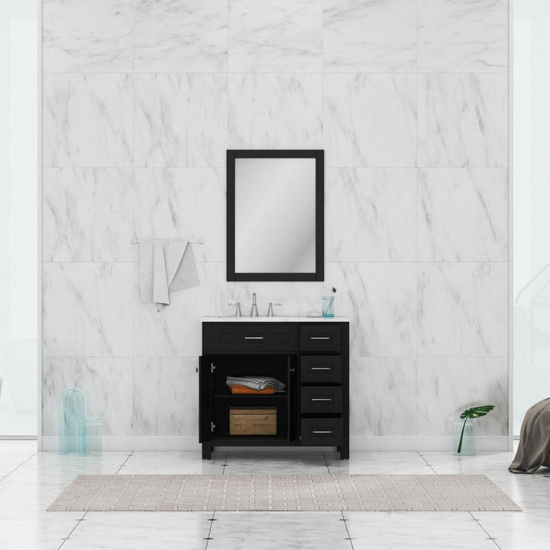 Alya Bath Norwalk 36" Single Espresso Freestanding  Bathroom Vanity With Drawers, Carrara Marble Top, Ceramic Sink and Wall Mounted Mirror - HE-101-36-DR-E-CWMT + HE-101/102-36-G-M - Backyard Provider