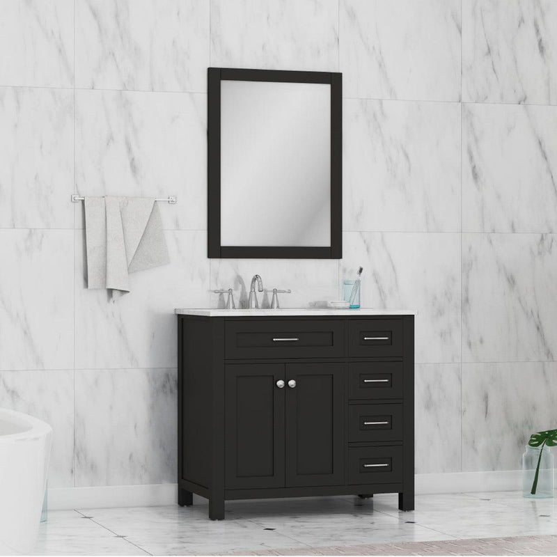 Alya Bath Norwalk 36" Single Espresso Freestanding  Bathroom Vanity With Drawers, Carrara Marble Top, Ceramic Sink and Wall Mounted Mirror - HE-101-36-DR-E-CWMT + HE-101/102-36-G-M - Backyard Provider