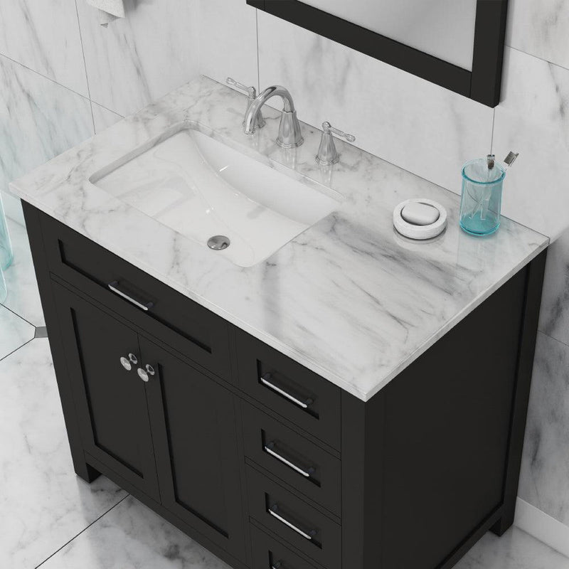 Alya Bath Norwalk 36" Single Espresso Freestanding  Bathroom Vanity With Drawers, Carrara Marble Top, Ceramic Sink and Wall Mounted Mirror - HE-101-36-DR-E-CWMT + HE-101/102-36-G-M - Backyard Provider