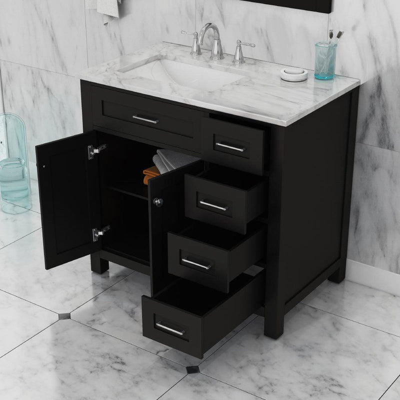 Alya Bath Norwalk 36" Single Espresso Freestanding  Bathroom Vanity With Drawers, Carrara Marble Top, Ceramic Sink and Wall Mounted Mirror - HE-101-36-DR-E-CWMT + HE-101/102-36-G-M - Backyard Provider