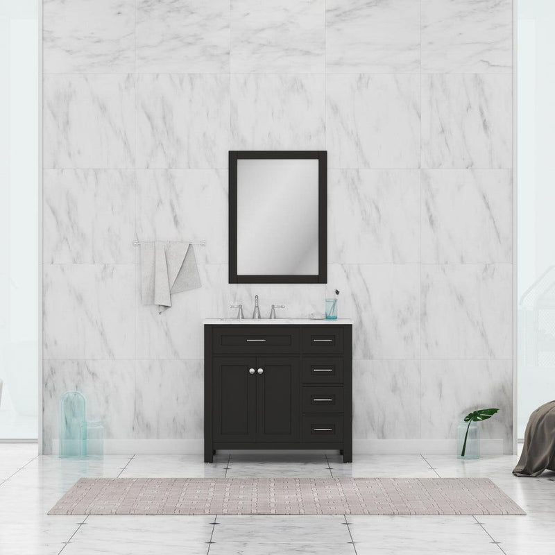 Alya Bath Norwalk 36" Single Espresso Freestanding  Bathroom Vanity With Drawers, Carrara Marble Top, Ceramic Sink and Wall Mounted Mirror - HE-101-36-DR-E-CWMT + HE-101/102-36-G-M - Backyard Provider