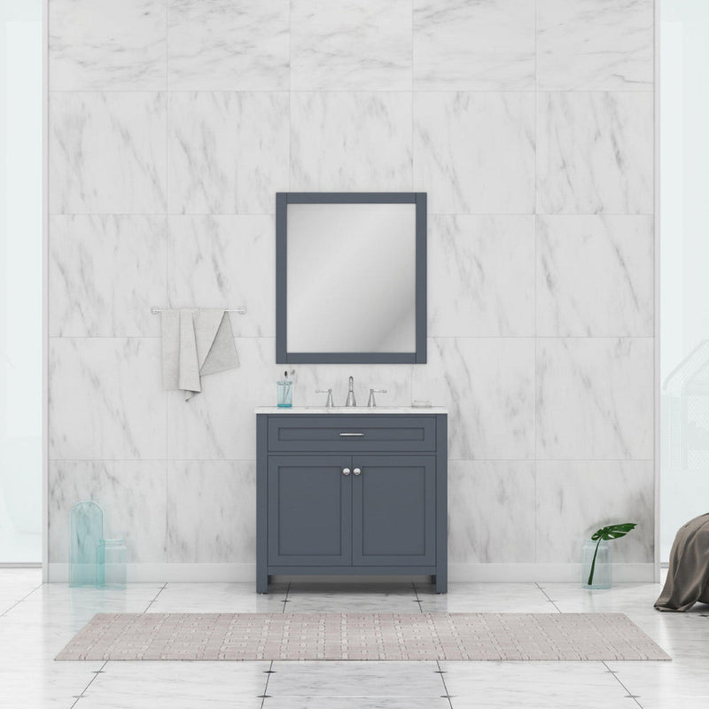 Alya Bath Norwalk 36" Single Gray Freestanding  Bathroom Vanity With Carrara Marble Top, Ceramic Sink and Wall Mounted Mirror - HE-101-36-G-CWMT + HE-101/102-36-G-M - Backyard Provider