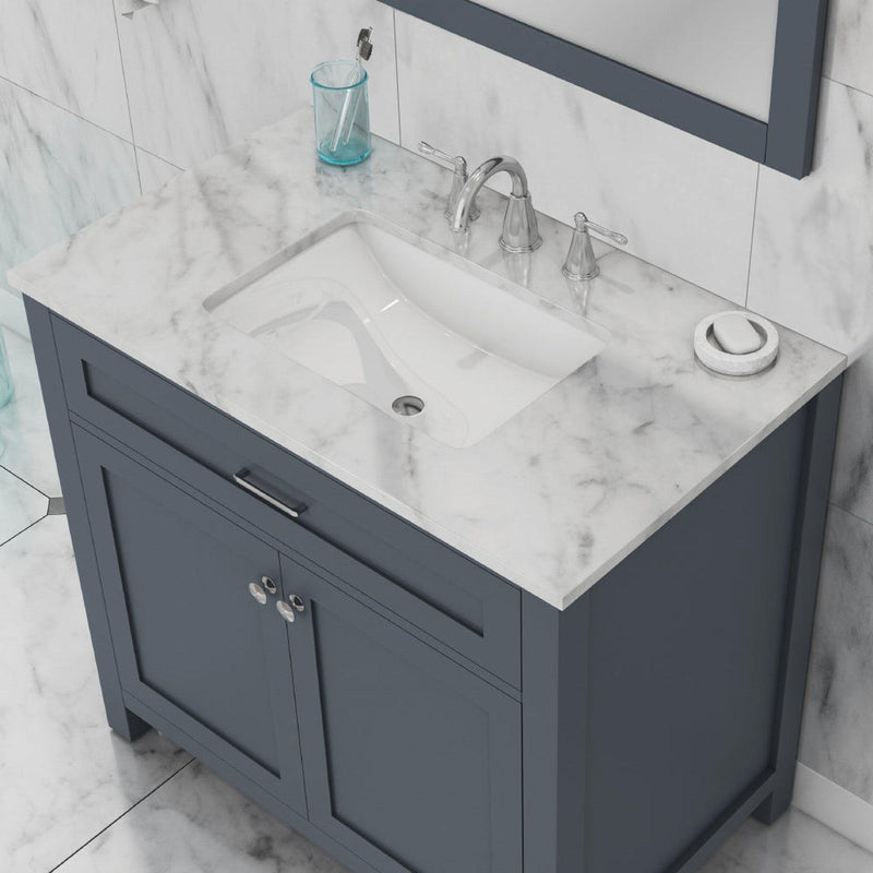 Alya Bath Norwalk 36" Single Gray Freestanding  Bathroom Vanity With Carrara Marble Top, Ceramic Sink and Wall Mounted Mirror - HE-101-36-G-CWMT + HE-101/102-36-G-M - Backyard Provider