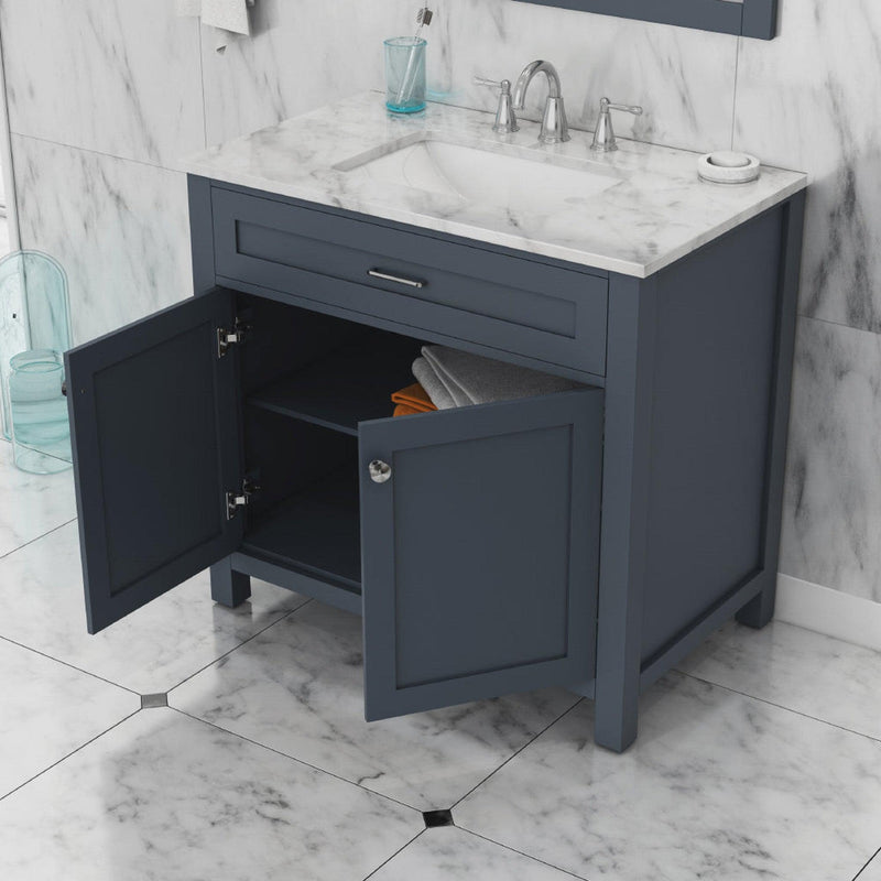 Alya Bath Norwalk 36" Single Gray Freestanding  Bathroom Vanity With Carrara Marble Top, Ceramic Sink and Wall Mounted Mirror - HE-101-36-G-CWMT + HE-101/102-36-G-M - Backyard Provider