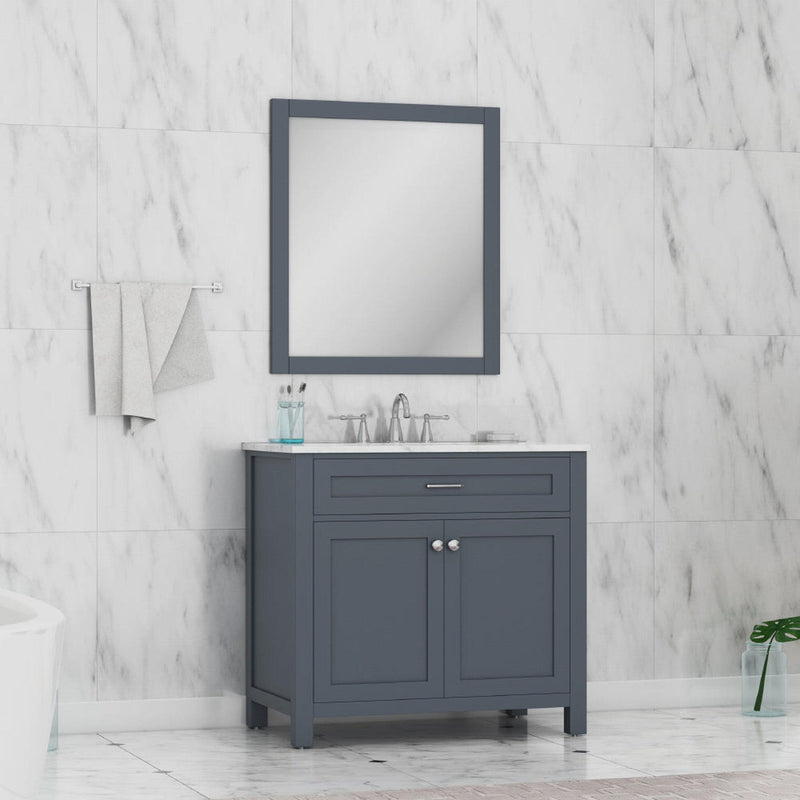 Alya Bath Norwalk 36" Single Gray Freestanding  Bathroom Vanity With Carrara Marble Top, Ceramic Sink and Wall Mounted Mirror - HE-101-36-G-CWMT + HE-101/102-36-G-M - Backyard Provider