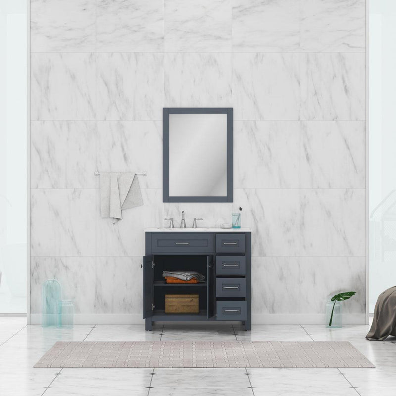 Alya Bath Norwalk 36" Single Gray Freestanding  Bathroom Vanity With Drawers, Carrara Marble Top, Ceramic Sink and Wall Mounted Mirror - HE-101-36-DR-G-CWMT + HE-101/102-36-G-M - Backyard Provider