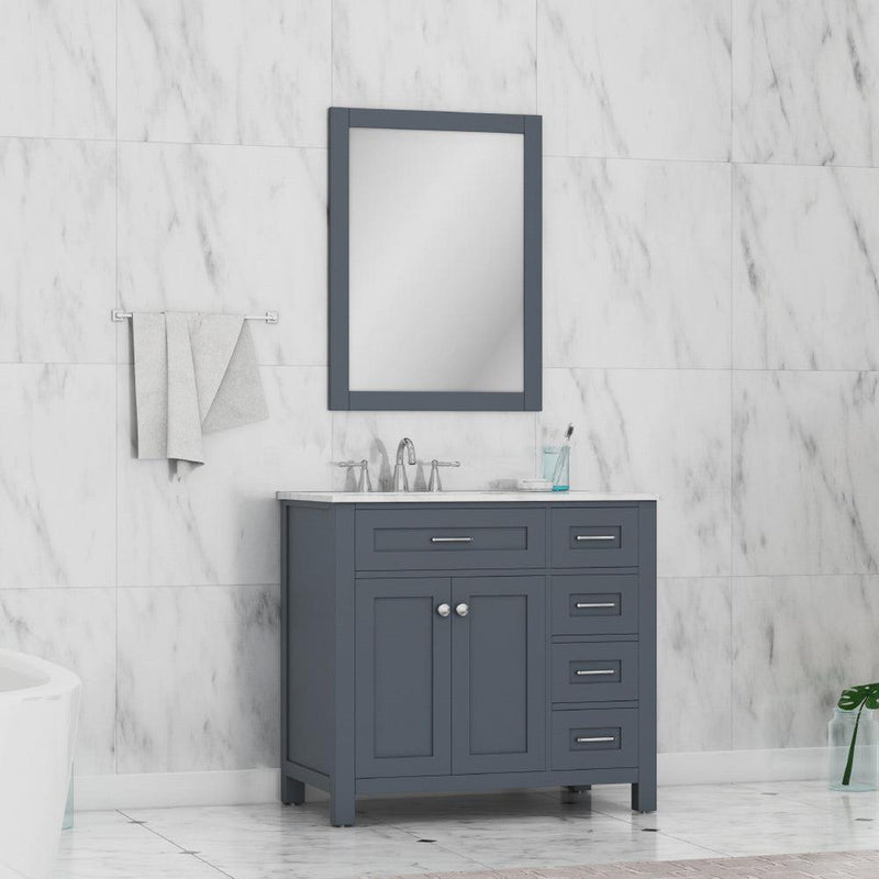 Alya Bath Norwalk 36" Single Gray Freestanding  Bathroom Vanity With Drawers, Carrara Marble Top, Ceramic Sink and Wall Mounted Mirror - HE-101-36-DR-G-CWMT + HE-101/102-36-G-M - Backyard Provider