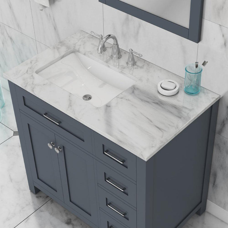 Alya Bath Norwalk 36" Single Gray Freestanding  Bathroom Vanity With Drawers, Carrara Marble Top, Ceramic Sink and Wall Mounted Mirror - HE-101-36-DR-G-CWMT + HE-101/102-36-G-M - Backyard Provider