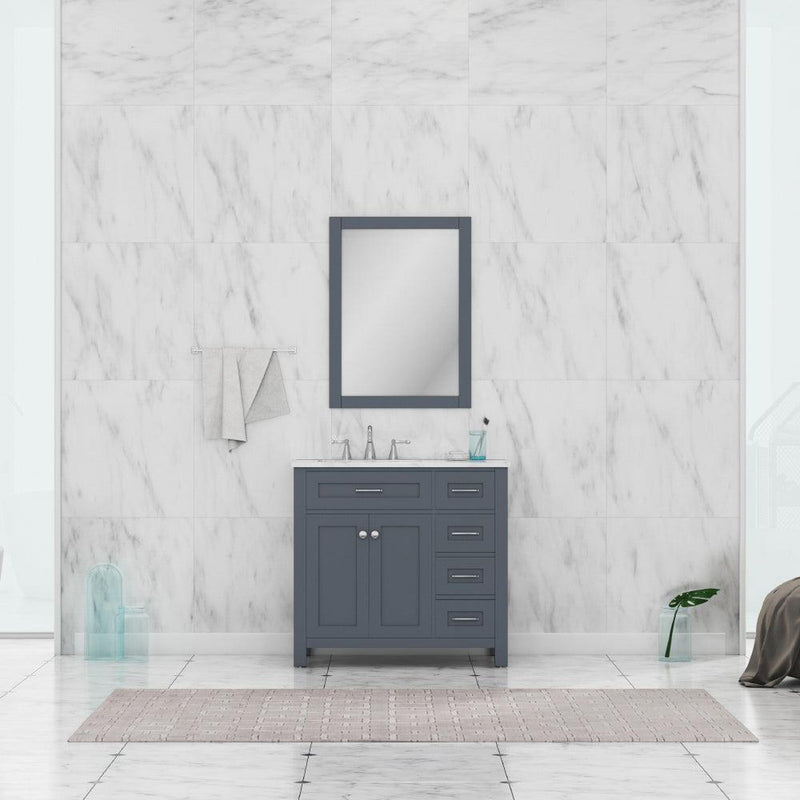 Alya Bath Norwalk 36" Single Gray Freestanding  Bathroom Vanity With Drawers, Carrara Marble Top, Ceramic Sink and Wall Mounted Mirror - HE-101-36-DR-G-CWMT + HE-101/102-36-G-M - Backyard Provider