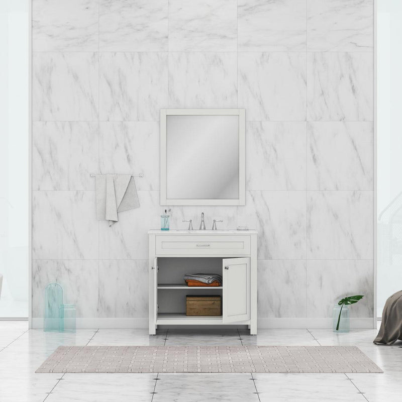 Alya Bath Norwalk 36" Single White Freestanding  Bathroom Vanity With Carrara Marble Top, Ceramic Sink and Wall Mounted Mirror - HE-101-36-W-CWMT + HE-101/102-36-W-M - Backyard Provider