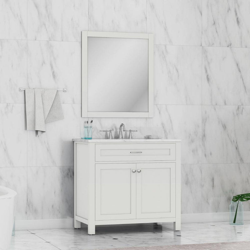 Alya Bath Norwalk 36" Single White Freestanding  Bathroom Vanity With Carrara Marble Top, Ceramic Sink and Wall Mounted Mirror - HE-101-36-W-CWMT + HE-101/102-36-W-M - Backyard Provider