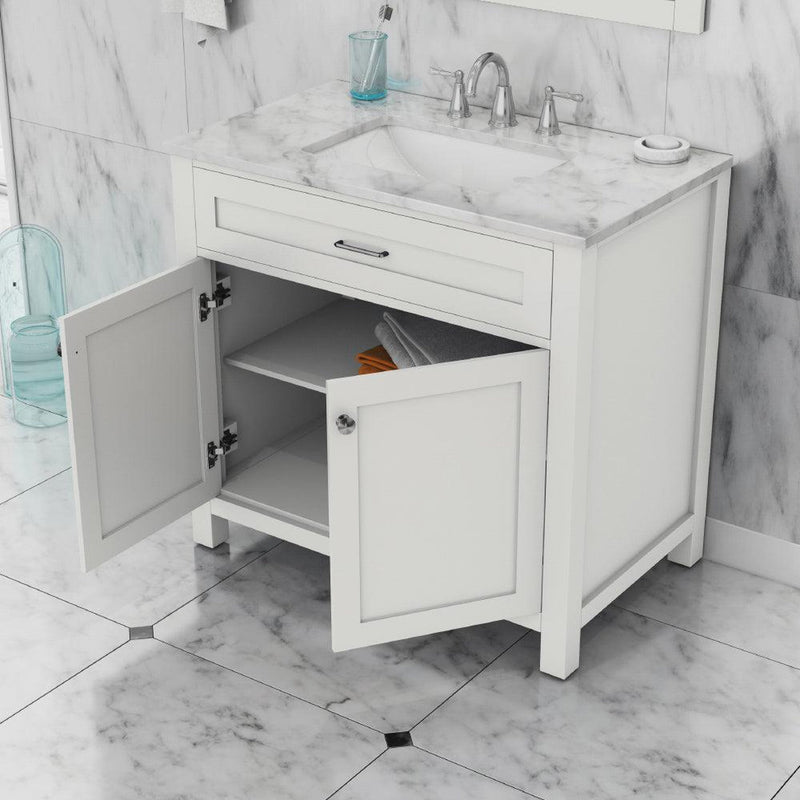 Alya Bath Norwalk 36" Single White Freestanding  Bathroom Vanity With Carrara Marble Top, Ceramic Sink and Wall Mounted Mirror - HE-101-36-W-CWMT + HE-101/102-36-W-M - Backyard Provider