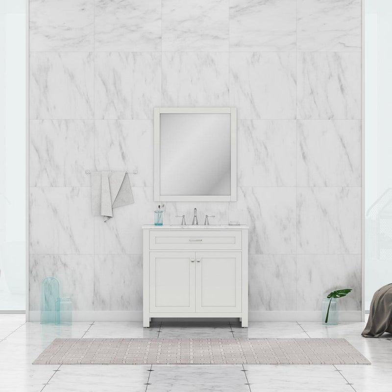 Alya Bath Norwalk 36" Single White Freestanding  Bathroom Vanity With Carrara Marble Top, Ceramic Sink and Wall Mounted Mirror - HE-101-36-W-CWMT + HE-101/102-36-W-M - Backyard Provider