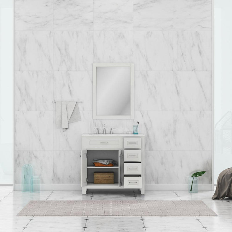 Alya Bath Norwalk 36" Single White Freestanding  Bathroom Vanity With Drawers, Carrara Marble Top and Ceramic Sink and Wall Mounted Mirror - HE-101-36-DR-W-CWMT + HE-101/102-36-W-M - Backyard Provider