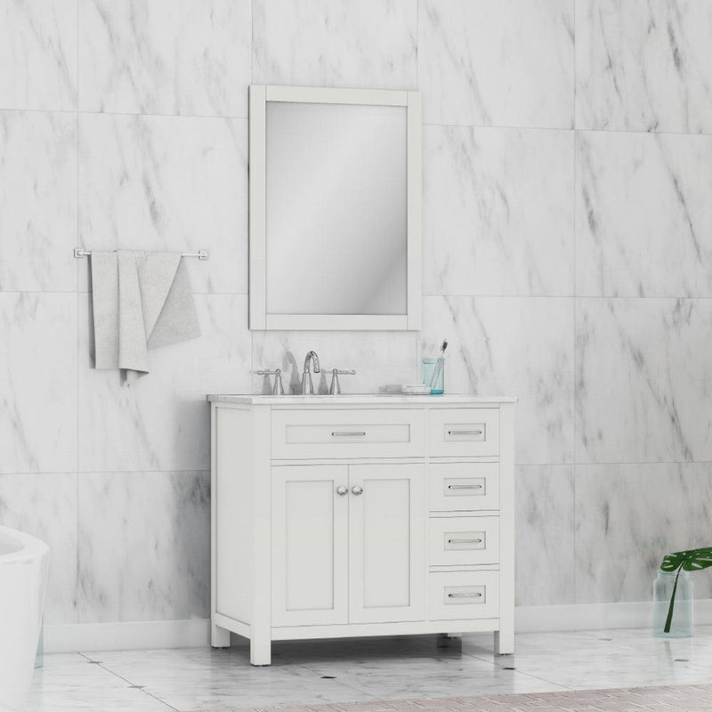 Alya Bath Norwalk 36" Single White Freestanding  Bathroom Vanity With Drawers, Carrara Marble Top and Ceramic Sink and Wall Mounted Mirror - HE-101-36-DR-W-CWMT + HE-101/102-36-W-M - Backyard Provider