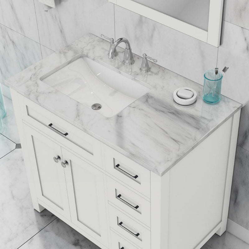 Alya Bath Norwalk 36" Single White Freestanding  Bathroom Vanity With Drawers, Carrara Marble Top and Ceramic Sink and Wall Mounted Mirror - HE-101-36-DR-W-CWMT + HE-101/102-36-W-M - Backyard Provider